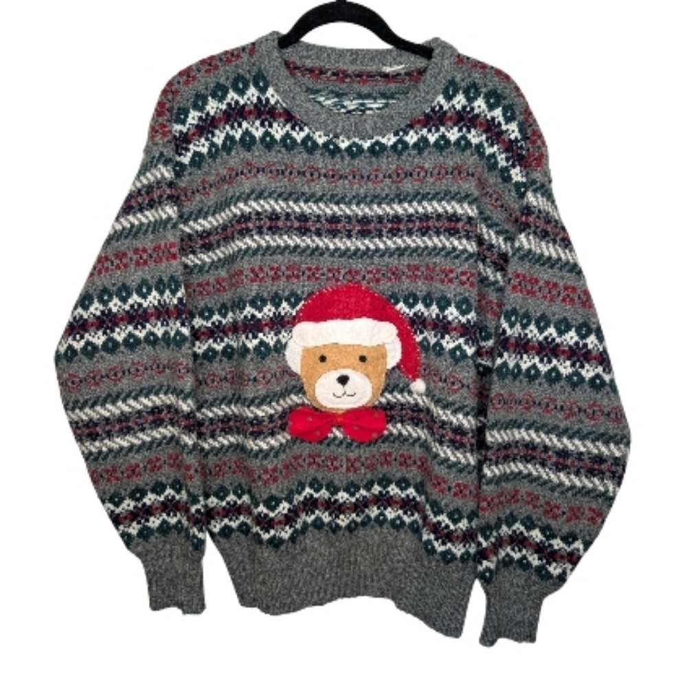 Festive Christmas Embroidered Teddy Bear Sweater Men's Large Unisex